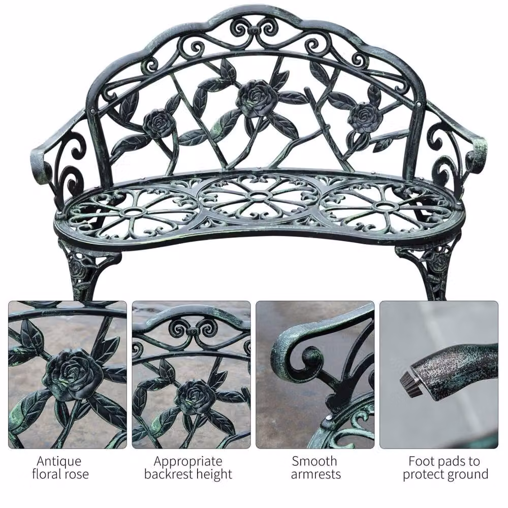 Wyld Haus Rakeba 2 Seater Floral Garden Bench in Antique Green Cast Aluminium – 3