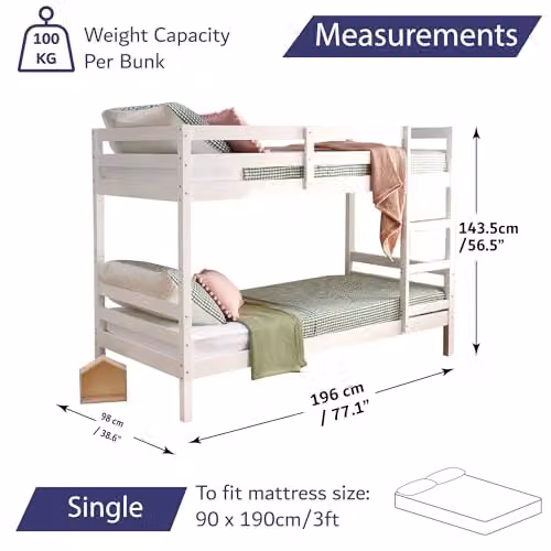 Home Treats White Solid Wood Bunk Bed and Day Bed for Children and Teenagers with Ladder and Guard Rail, 90 x 190 cm – 2