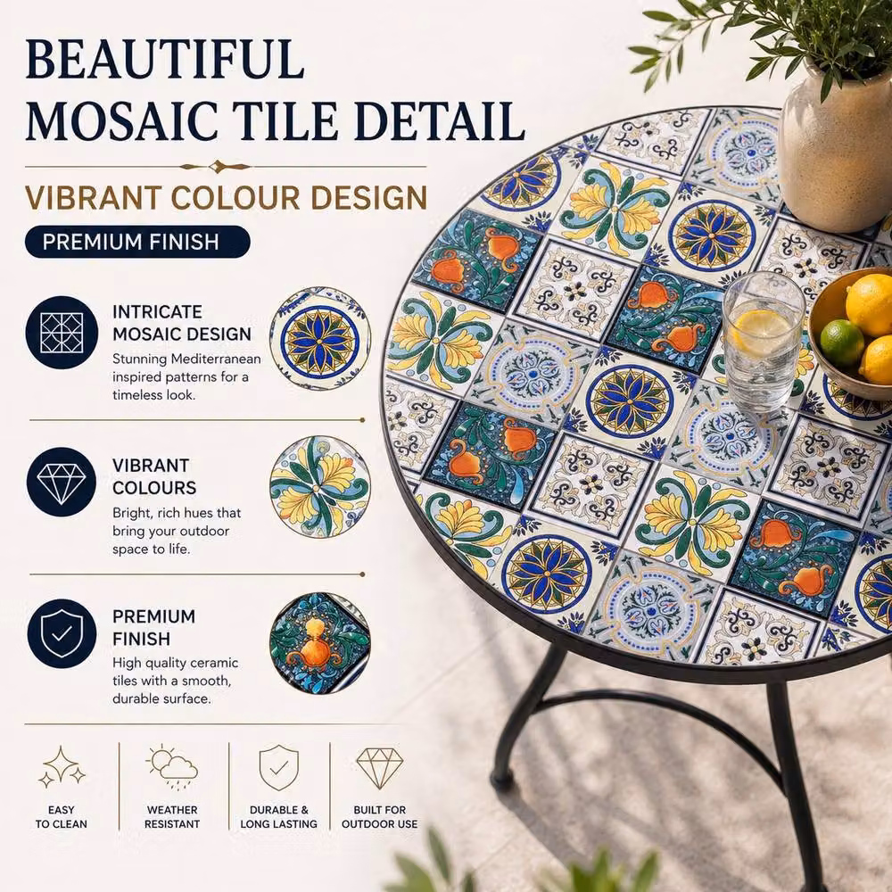 Shatchi Mediterranean Mosaic Bistro Set with Round Ceramic Table and 2 Folding Metal Chairs in Multicolour – 5