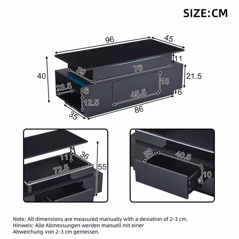 Merax High Gloss LED Lift Top Coffee Table with Hidden Storage and Drawer in Black, W/D/H: 120 x 60 x 45 cm