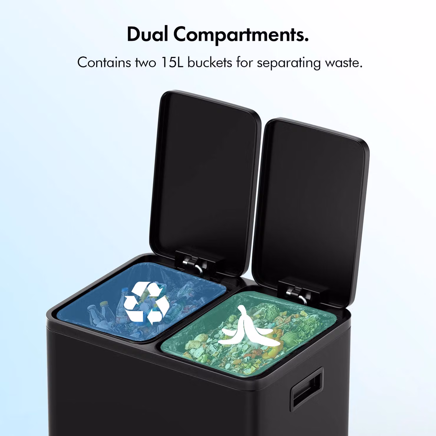 VonHaus 30L Kitchen Waste and Recycling Bin with 2 x 15L Compartments in Metallic Silver – 1