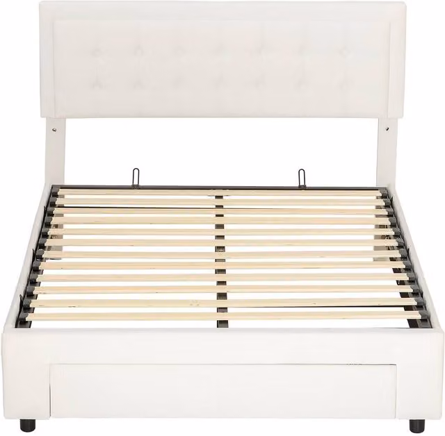 ERGOVEXA Double Ottoman Bed Frame with Lift Up Base and Front Drawer, Cream Velvet Fabric, W/D/H: 140 x 190 x 104 cm
