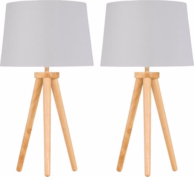 First Choice Lighting Set of 2 Light Oak Table Lamps with White and Silver Fabric Shades in Brown, H 51.0 cm x W 28.5 cm x D 28.5 cm – 1
