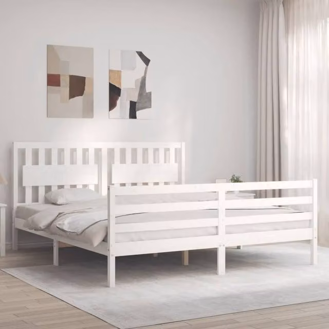 Berkfield Home Super King Size Solid Pine Wood Bed Frame with Headboard in White