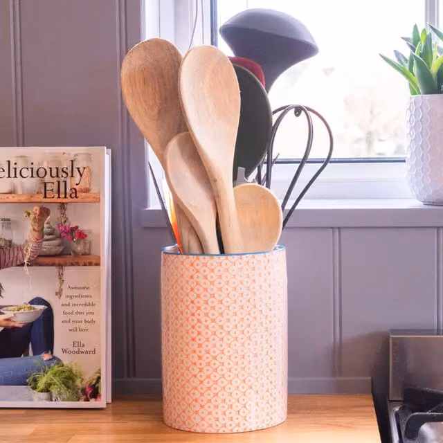 Nicola Spring Hand-Printed Ceramic Kitchen Utensil Holders, Pack of 3, Orange
