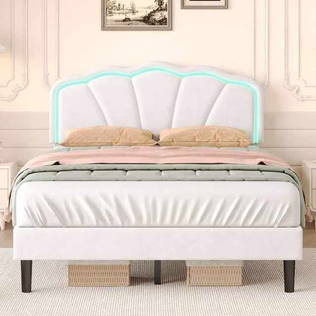BTM White Velvet Upholstered Single Bed with LED Adjustable Shell Shape Headboard and Under-Bed Lighting, W/D/H: 90 x 200 cm – 1