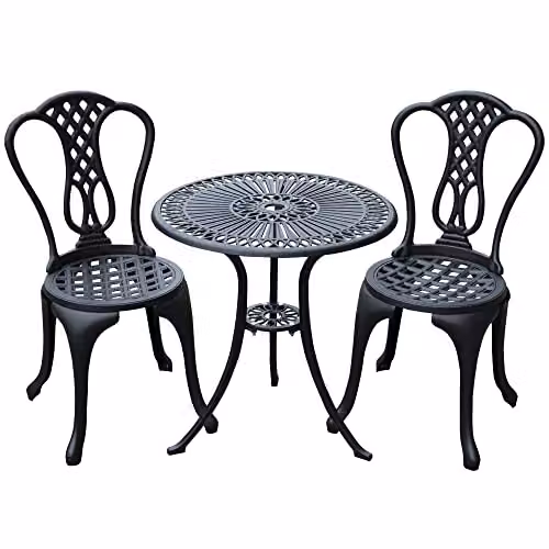 Outsunny 3 Piece Shabby Chic Cast Aluminium Bistro Set in Matt Black with Floral Design – 1