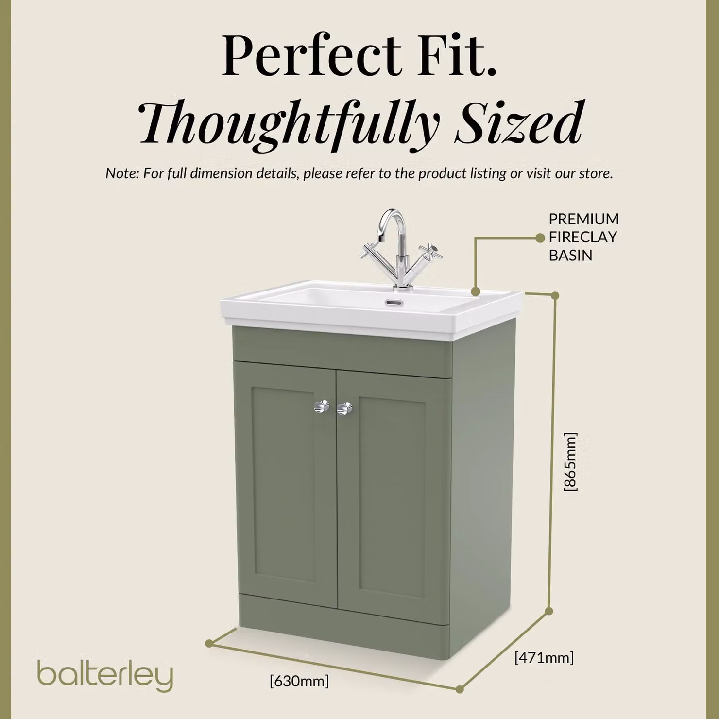 Balterley 2-Door Freestanding Bathroom Floor Vanity Unit with Fireclay Basin in Satin Green, W: 60.0 cm, H: 86.5 cm – 4