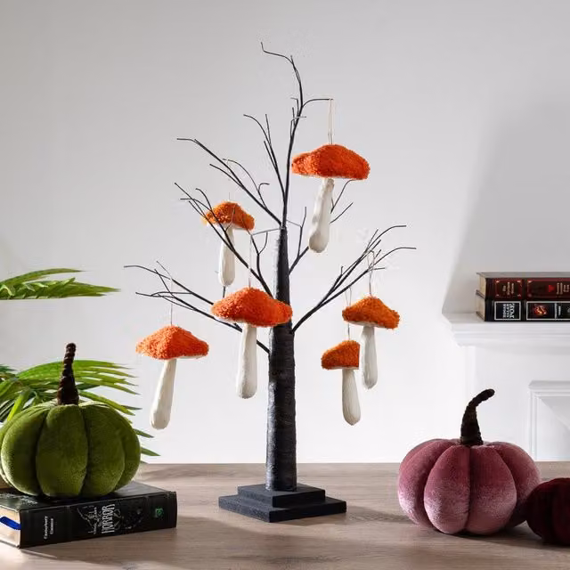 Scottish Everlastings Ltd Autumn Twig Tree with Hanging Toadstools in Black and Orange, Height: 70 cm