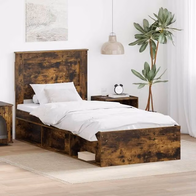 Berkfield Home Modern Bed Frame with Headboard in Smoked Oak and Brown Solid Pine Wood, W/D/H: 90 x 200 cm
