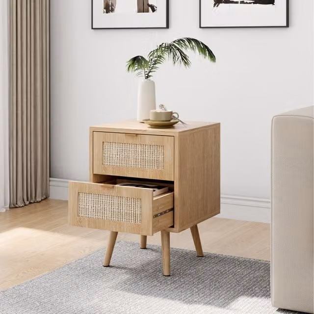 Komore Set of 2 Minimalist Wooden Side Cabinets with Rattan Fronts in Brown and Gold