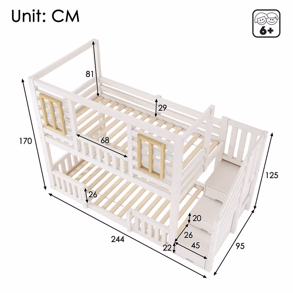 Rolipo Kids White Wooden Treehouse Bunk Bed with Storage Stairs – 2