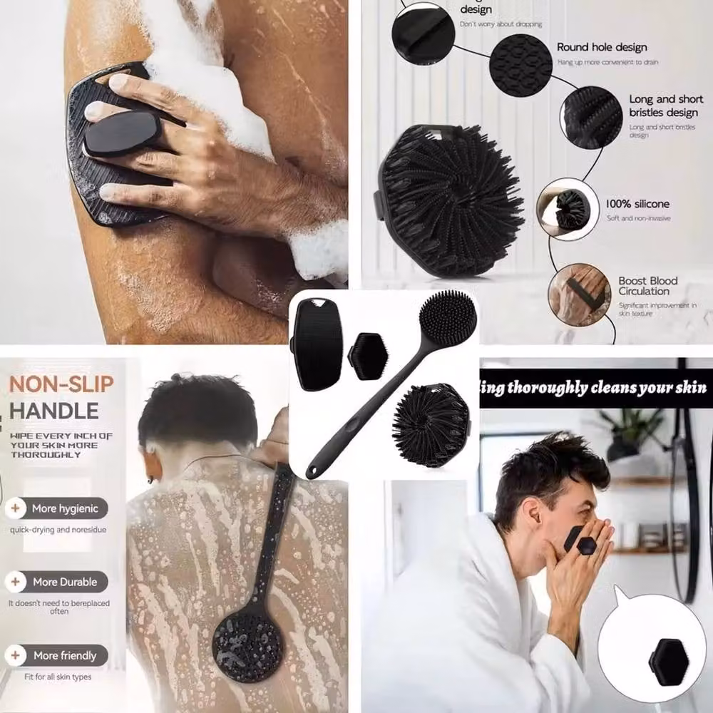 VOGREX 4-Piece Soft Silicone Non-Slip Body Scrub Brush Set in Black – 5