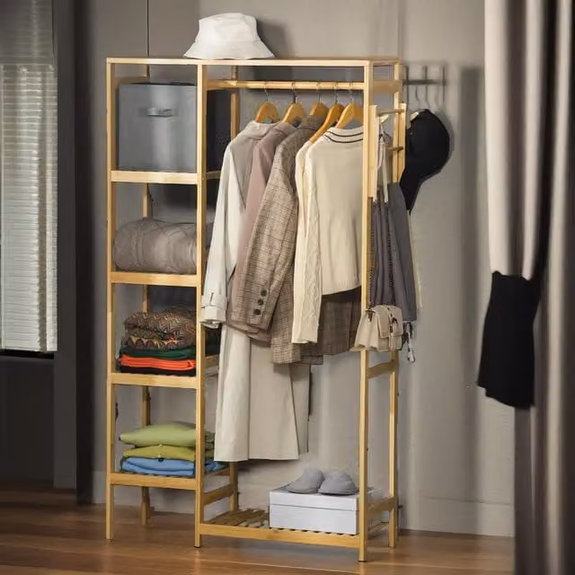 Pirlo Plush Bamboo Open Wardrobe with Shelves in Natural Beige, H 155 x W 90 x D 30 cm