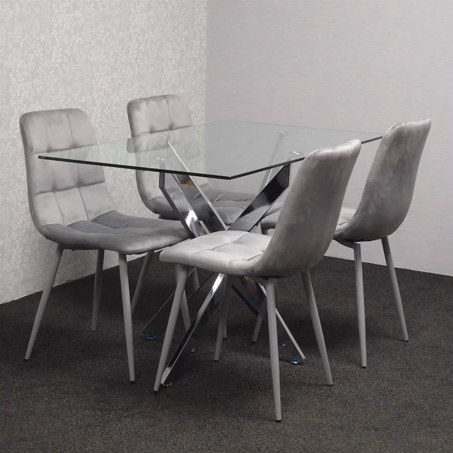 Kosy Koala Modern Rectangular Glass Dining Table Set with 4 Grey Velvet Chairs in Brown – 2