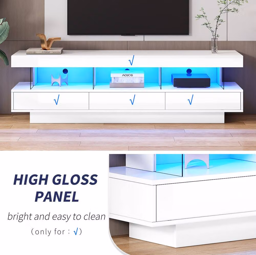 STILVORA White Glossy TV Stand with LED Lights, 3 Drawers and Open Storage – 4