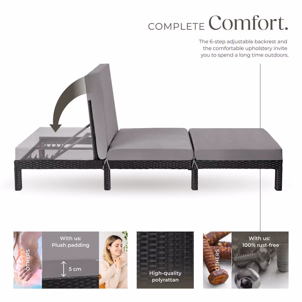 tectake Sofia Rattan Sun Lounger in Black and Grey with Weatherproof Cushions and Adjustable Headrest – 3