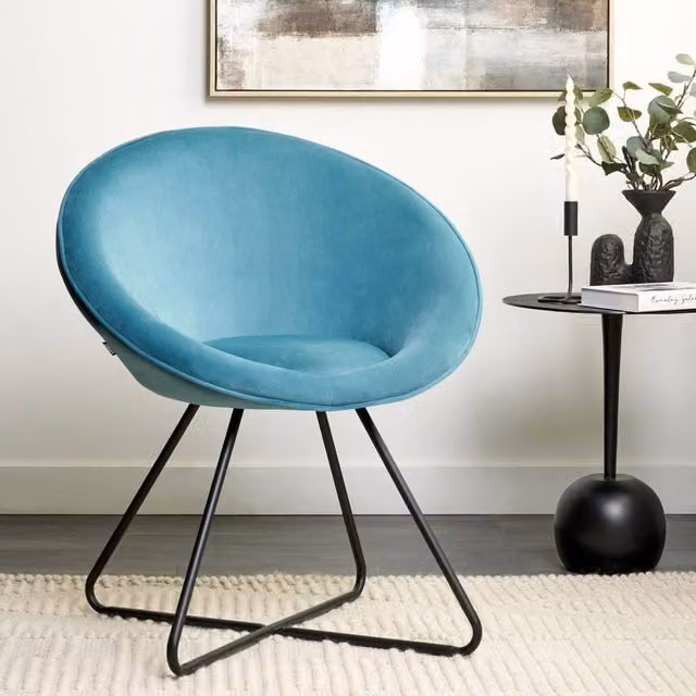 Wyld and Coco Blue Velvet Round Accent Chair with Metal Legs – 1