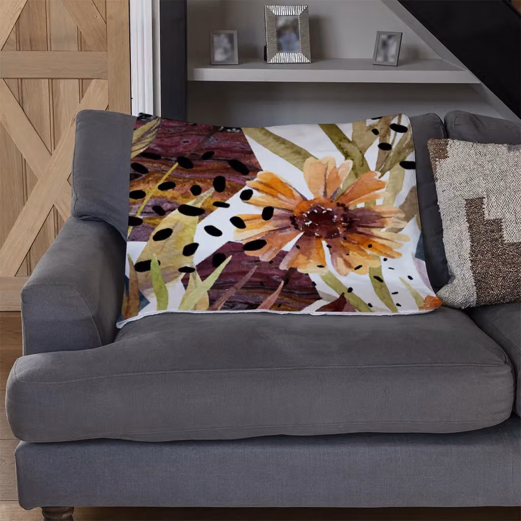 Benjamin Tate Design Autumn Geometric Floral Fleece Blanket in Orange, Beige and Multicolour, W/D/H: 120 x 150 cm – 3