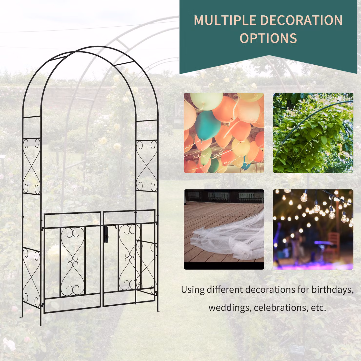 Outsunny Metal Outdoor Garden Arch with Double Gates in Black, W: 36 cm, D: 114 cm, H: 232 cm – 3