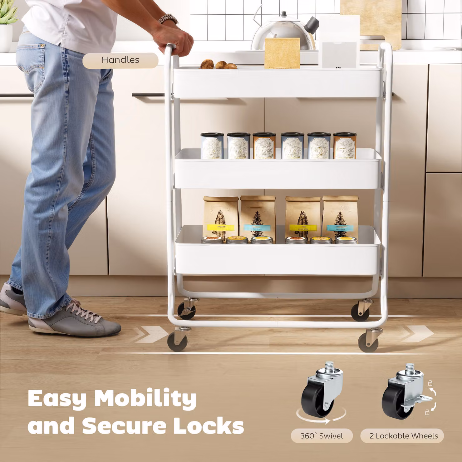 HOMCOM 3-Tier Rolling Utility Storage Trolley with Mesh Baskets in White – 2