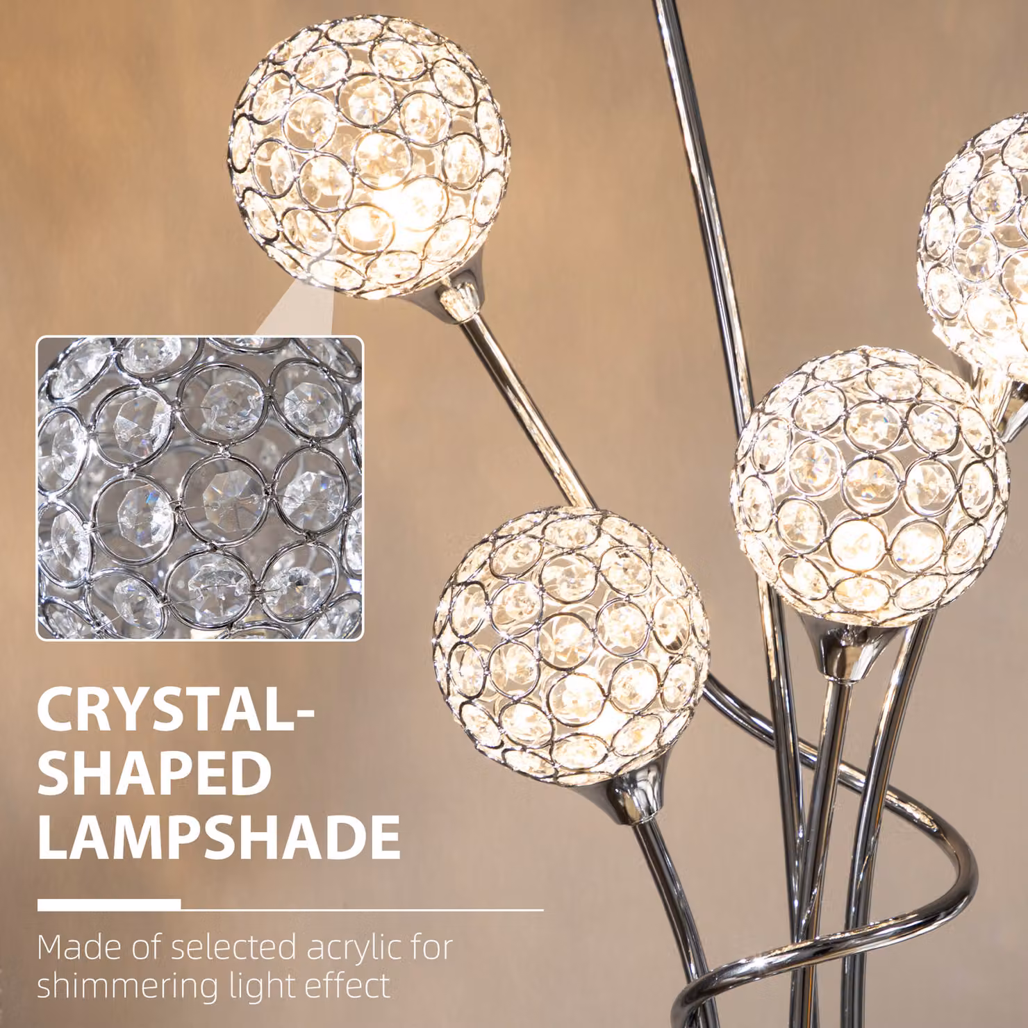 HOMCOM Modern Silver Crystal Floor Standing Lamp with 5 Lights for Living Room and Bedroom – 3