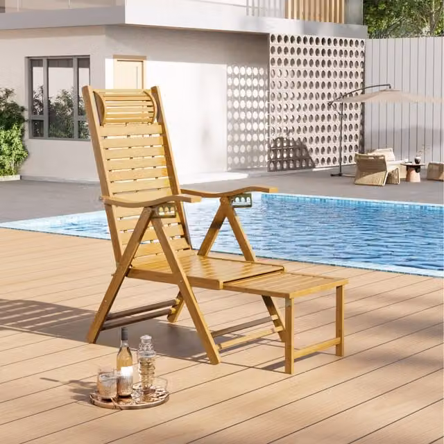 Livingandhome Bamboo Foldable Relax Recliner Lounge Chair with Armrests and Retractable Footrest in Brown
