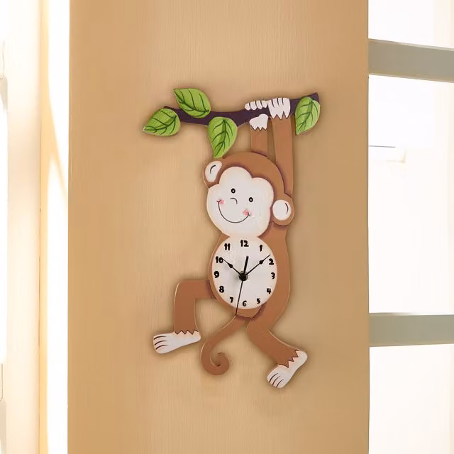 Teamson Kids Brown Wooden Monkey Analog Wall Clock for Childrens Rooms