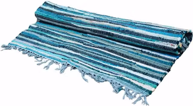 KDMD Aqua Blues Maritime Striped Rectangular Room Rag Rug in Blue, W: 150 cm, D: 200 cm