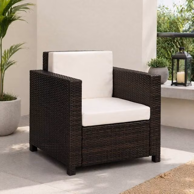 STILVORA Brown Rattan and Metal Garden Armchair with Cushion – 1