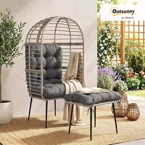 Outsunny Standing Garden Egg Lounge Chair with Footstool and Cushions, Light Grey – 2