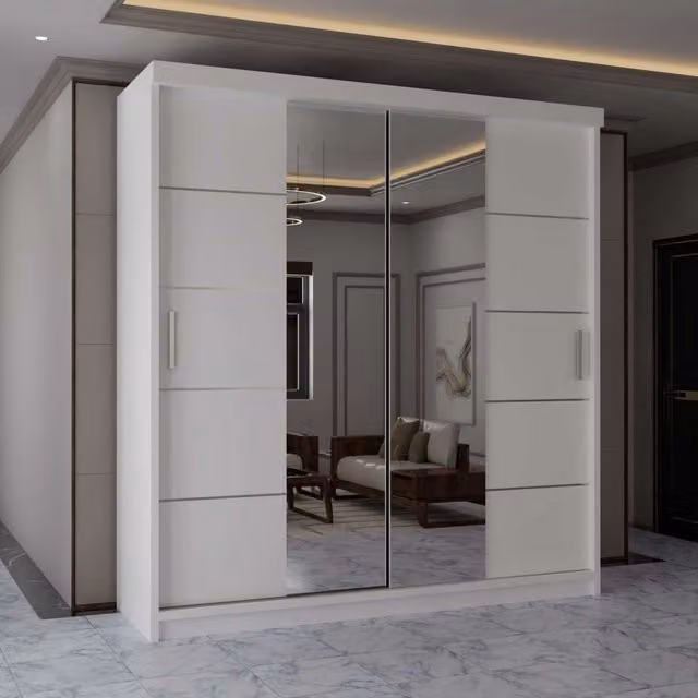 MN Furniture Modern White Wardrobe with Sliding Mirror Doors and Integrated LED Lighting, W/H: 120 x 217 cm – 1