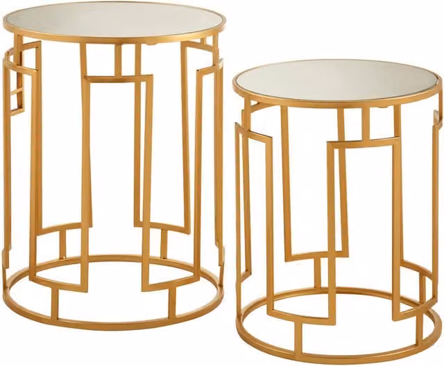 Orsina Set of 2 Gold Round Mirrored Top Nesting Side Tables with Glass and Metal Construction
