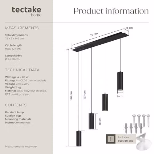tectake Lumea Industrial Style Black Metal Pendant Light with 4 Adjustable Cylinder Lampshades – 6