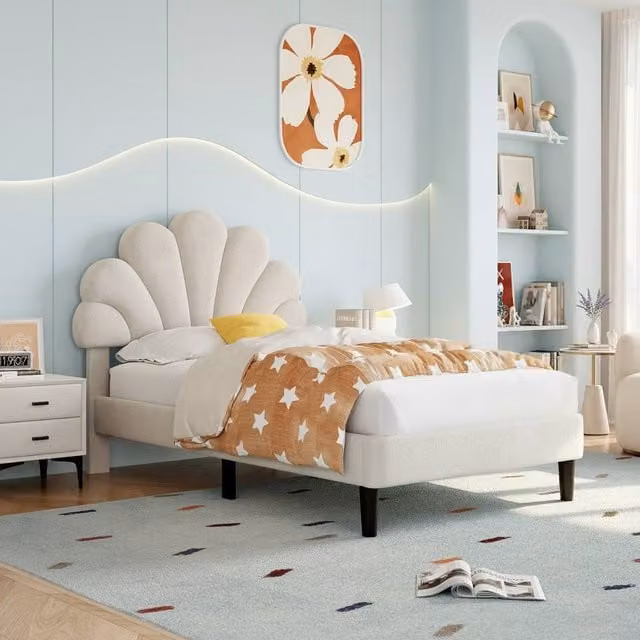 BTM Upholstered Velvet Bed Frame with Adjustable Chic Petal Headboard in Beige, Size: Single (W/D/H: 90 x 200 cm)