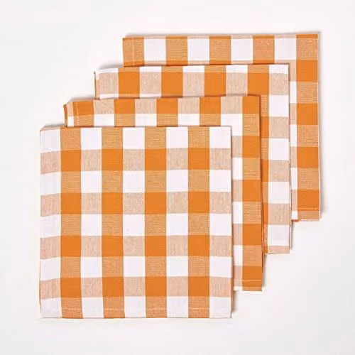Homescapes Set of 4 Orange and White Checked Cotton Gingham Napkins, 45 x 45 cm – 1