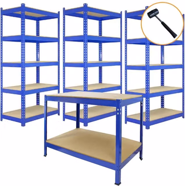 Monstershop Q-Rax Blue Steel Metal Racking Units, 5 Tier Storage Bays, 3 x 120 cm and 2 x 90 cm – 1