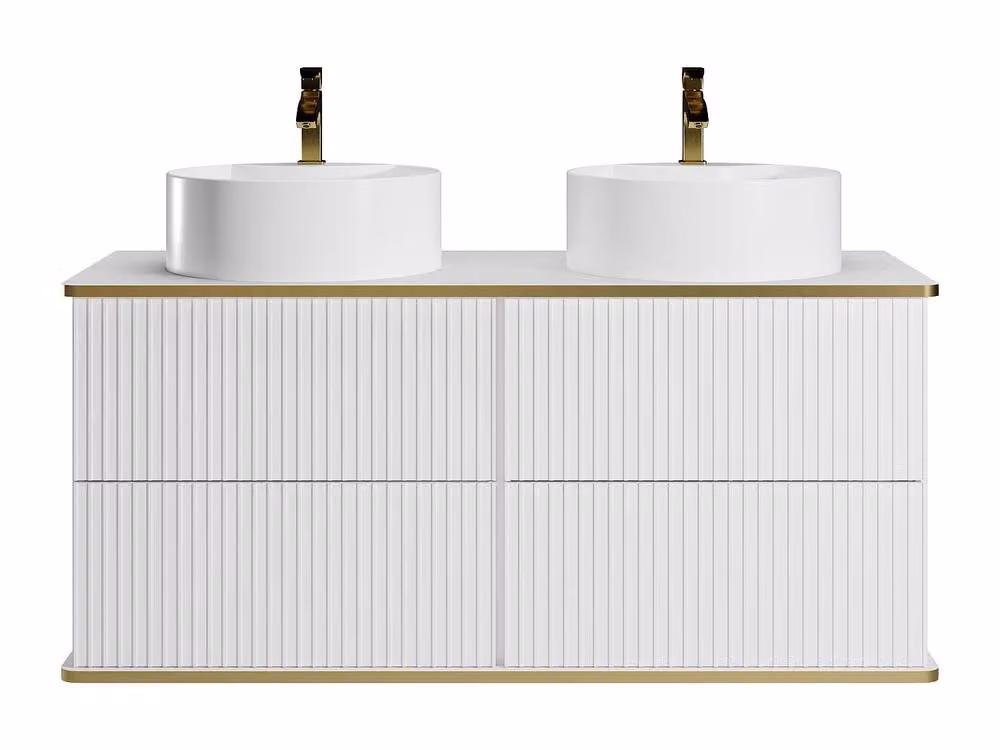 Vente-unique Ribbed White and Gold Suspended Bathroom Vanity with Double Round Ceramic Basins W/D/H: 120 x 47 x 54 cm – 2