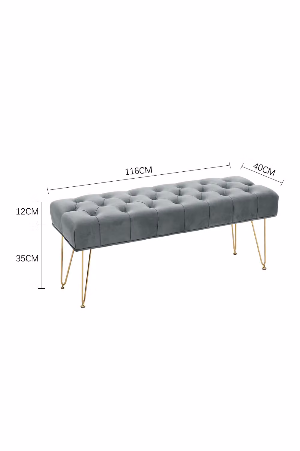 H&O Direct Modern Tufted Velvet Bench with Gold Metal Hairpin Legs in Light Grey – 2