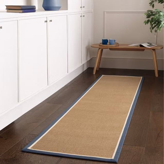 Asiatic Carpets Bordo Boucle Herringbone Jute and Cotton Area Rug in Blue and Beige, W: 68 cm x L: 240 cm