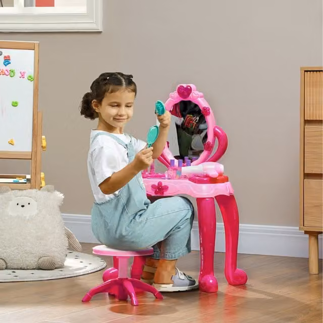 AIYAPLAY Kids Beauty Hairdresser Vanity Table with Mirror, Light, Stool and 15 Accessories, Pink