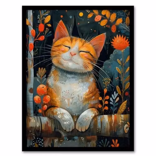 Artery8 Happy Ginger Tabby in Nature Framed Wall Art Print, Multicolour, W: 21.0 cm, H: 29.7 cm