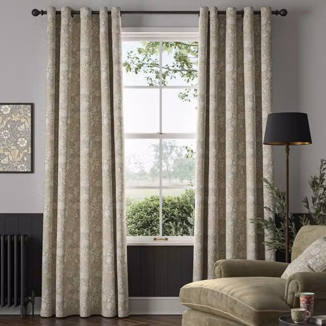 William Morris Double Bough Made To Measure Blackout Eyelet Curtains in Beige Floral Cotton