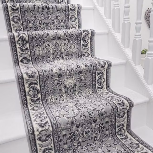 runrug Kashan Stair Runner Carpet in Grey, W: 60 cm x L: 600 cm
