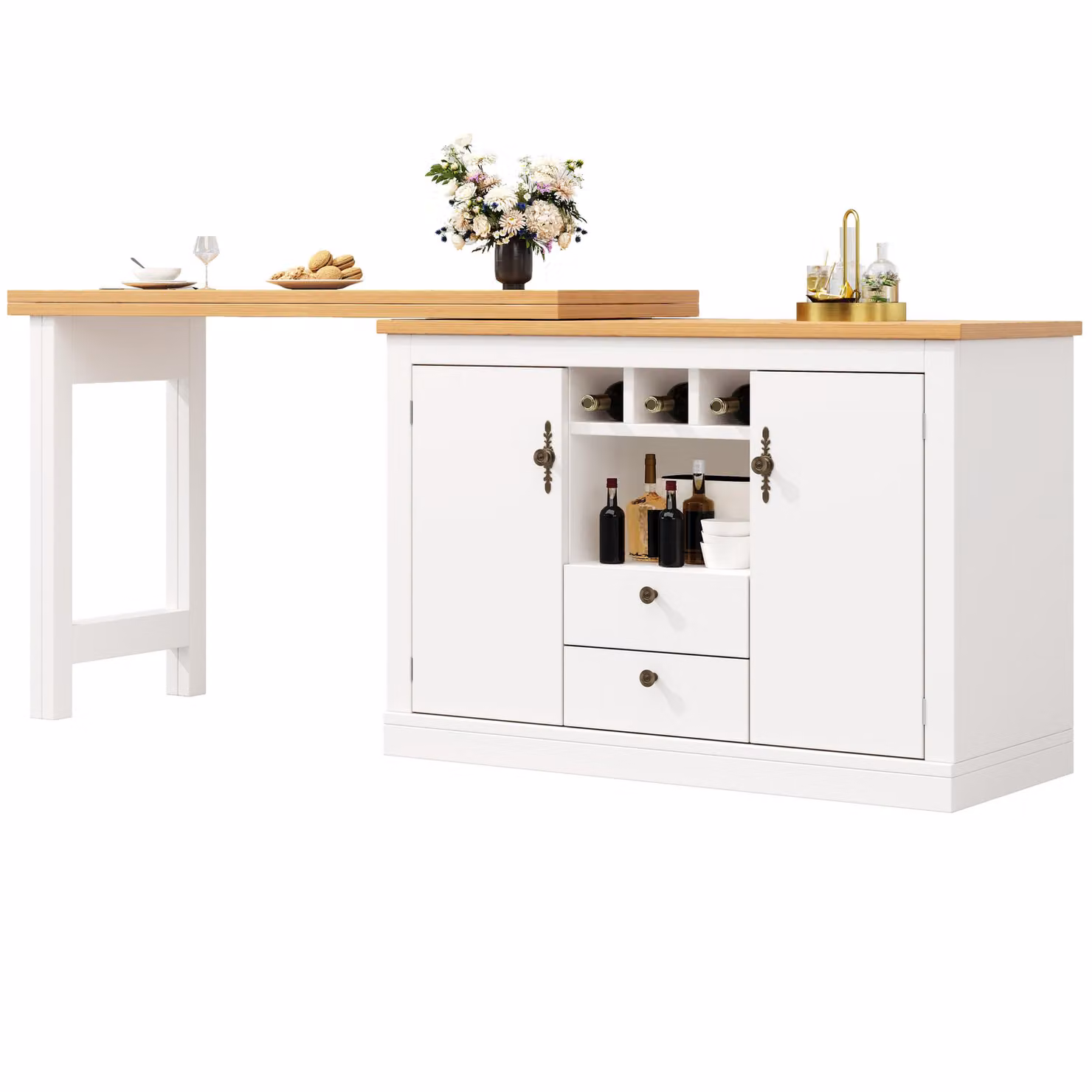 Aosom UK Extendable Bar Table and Multifunctional Sideboard with Smart Pull-Out System and Adjustable Compartments, White, W: 120-180 cm, D: 40 cm, H: 76 cm – 2