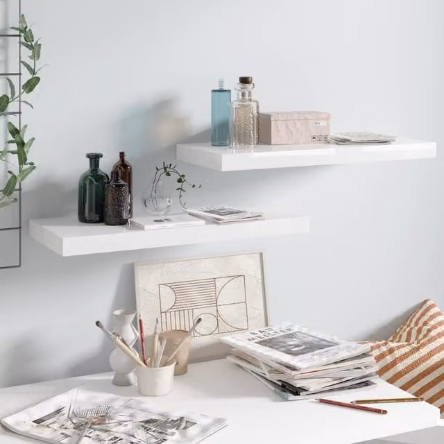 Berkfield Home Floating Wall Shelves, 2 Piece Set, High Gloss White MDF, W: 60 cm, D: 23.5 cm, H: 3.8 cm