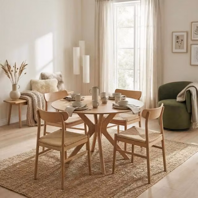 Furniturebox UK Mette Round Oak Veneer Dining Table and 4 Bonnie Chairs Set in Brown