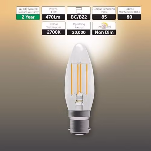 BELL Lighting B22 Warm White LED Filament Candle Bulbs, Pack of 3 – 2