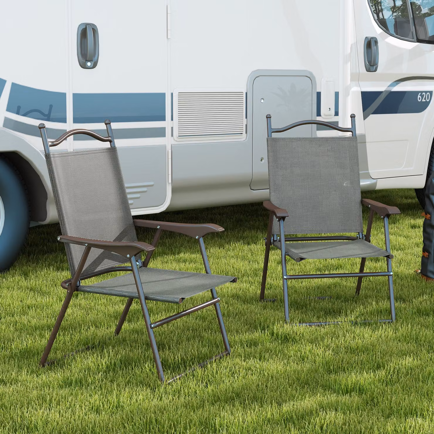 Outsunny Set of 2 Grey Folding Patio Camping Chairs for Adults with Armrests and Textilene Mesh Seats – 2
