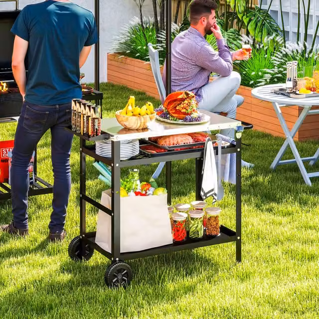Outsunny Black Metal BBQ Trolley with Adjustable Stainless Steel Shelf and Castors